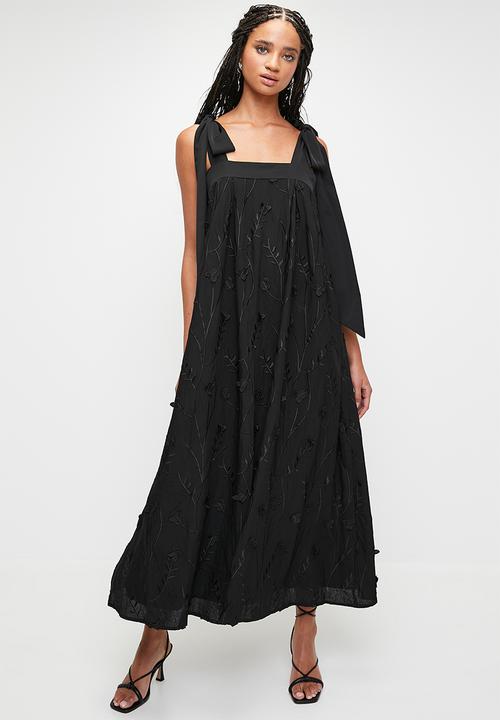MILLA - Textured midi swing dress with bows - black