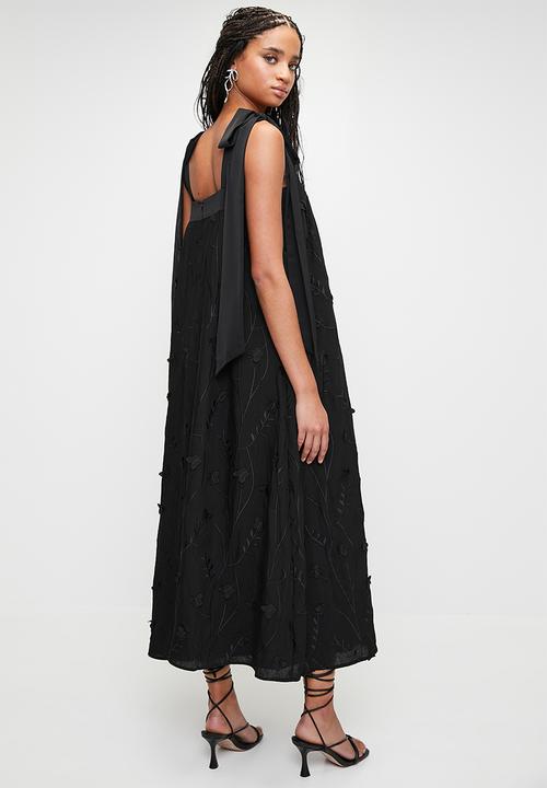 MILLA - Textured midi swing dress with bows - black