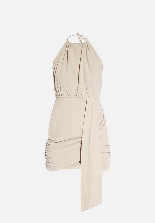 PrettyLittleThing - Linen Look Drape Detail Bodycon Dress - Oatmeal