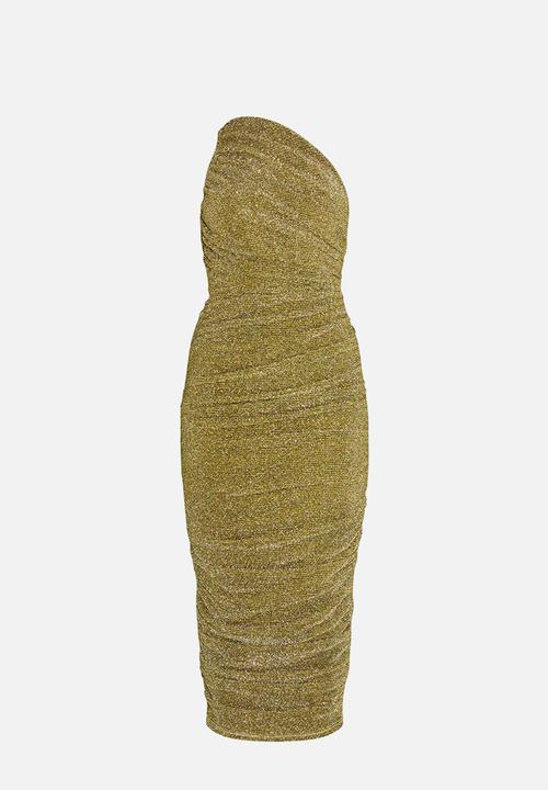 PrettyLittleThing - Glitter Plisse Ruched One Shoulder Midi Dress - Gold