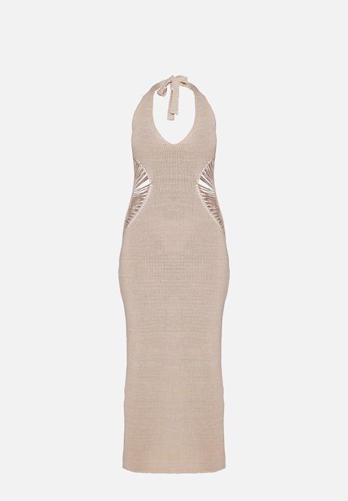 PrettyLittleThing - Knitted Distressed Ladder Cut Out Maxi Dress - Stone