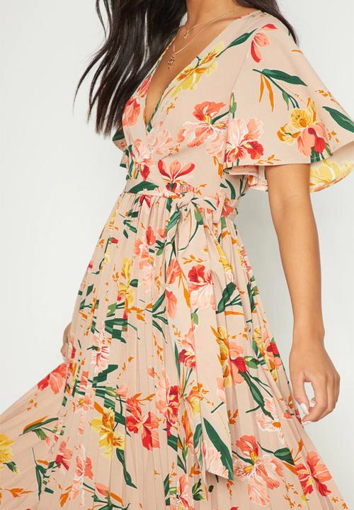 PrettyLittleThing - Pleated Floral Midi Dress - Pink