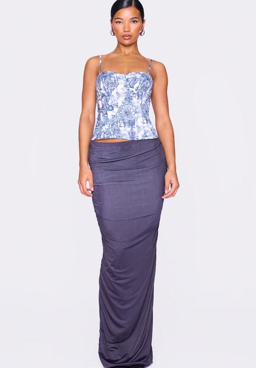 PrettyLittleThing - Renaissance Print Structured Corset Top - Blue