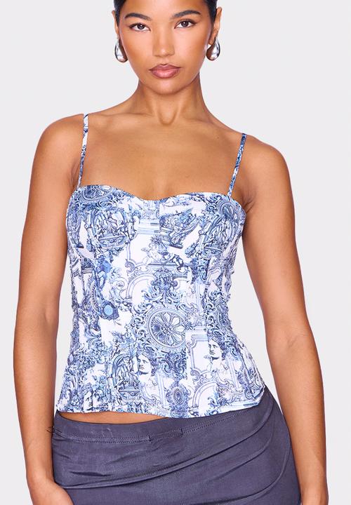 PrettyLittleThing - Renaissance Print Structured Corset Top - Blue