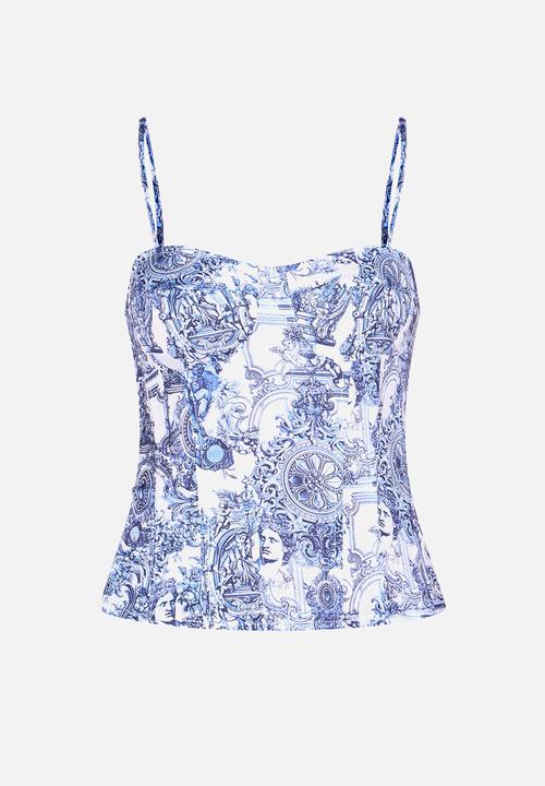PrettyLittleThing - Renaissance Print Structured Corset Top - Blue