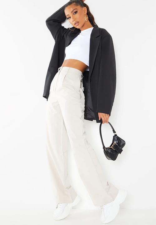 PrettyLittleThing - Peach Skin Straight Leg Trousers - Stone