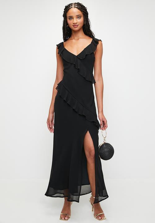 MILLA - Ruffle Maxi with Slit - Black