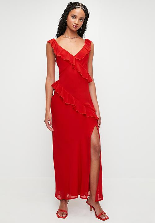 MILLA - Ruffle Maxi with Slit - Oxblood