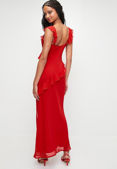 MILLA - Ruffle Maxi with Slit - Oxblood