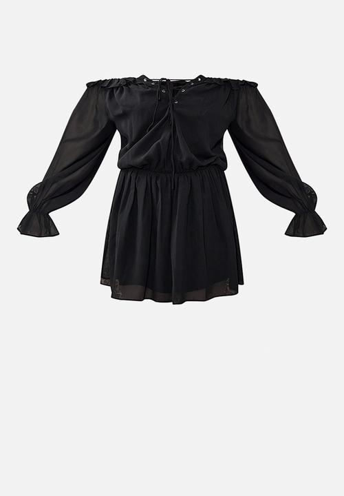 PrettyLittleThing - Chiffon Frill Bardot Shift Dress - Black
