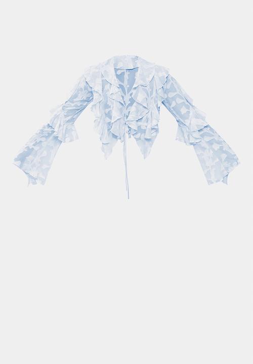 PrettyLittleThing - Floral Organza Ruffle Tie Crop Blouse - Baby Blue