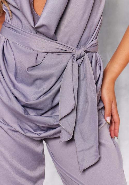 PrettyLittleThing - Draped Tie Detail Halterneck Long Top - Blue Grey