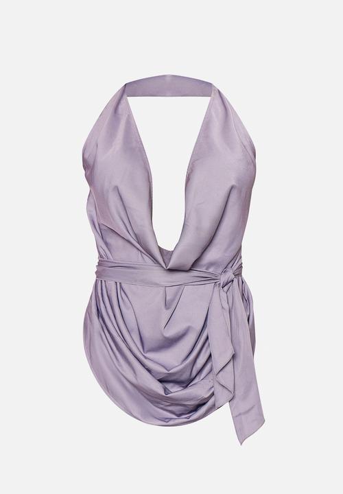 PrettyLittleThing - Draped Tie Detail Halterneck Long Top - Blue Grey