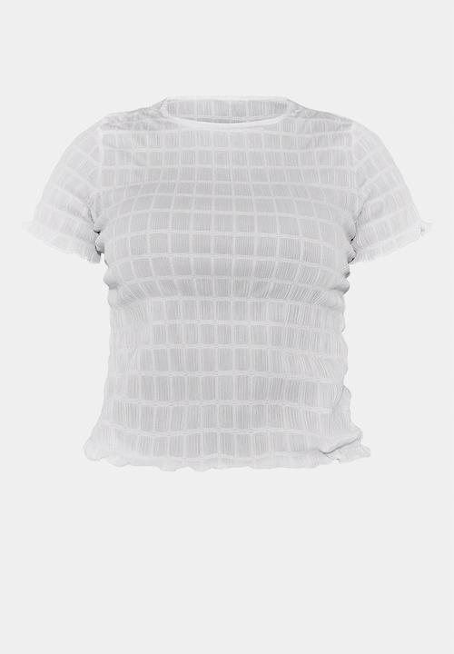 PrettyLittleThing - Shirred Short Sleeve T Shirt - White