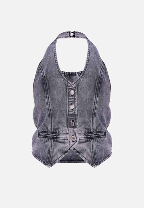 Halterneck Denim Waistcoat - Grey