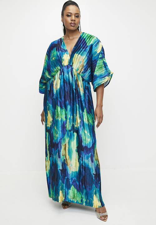 VELVET - Dolman sleeve pleated maxi dress - Azure Blue Watercolour.