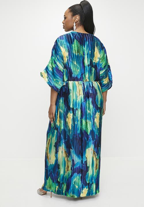 VELVET - Dolman sleeve pleated maxi dress - Azure Blue Watercolour.
