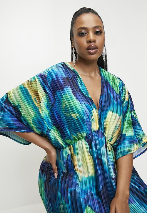VELVET - Dolman sleeve pleated maxi dress - Azure Blue Watercolour.