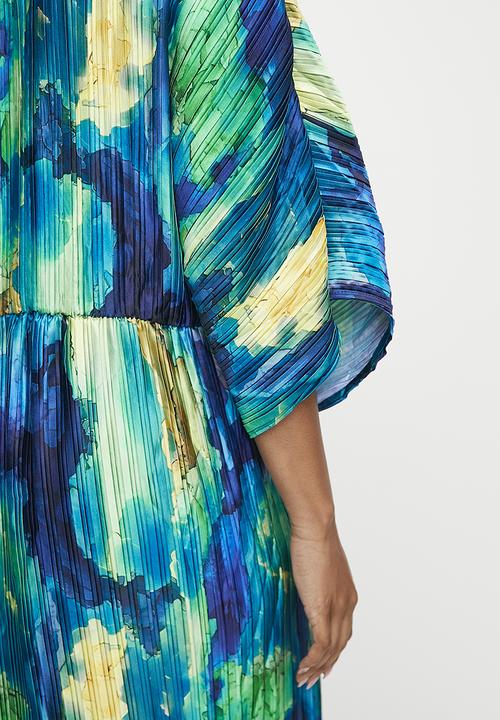 VELVET - Dolman sleeve pleated maxi dress - Azure Blue Watercolour.