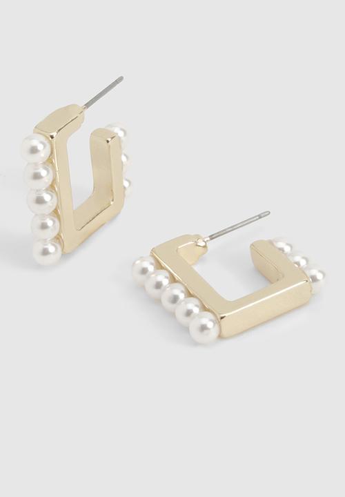 boohoo - Pearl Detail Square Hoop Earrings - gold