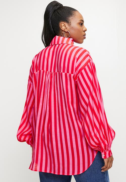 Me&B - Plus The Sheer Bellow Sleeve Shirt  - Red & pink stripe