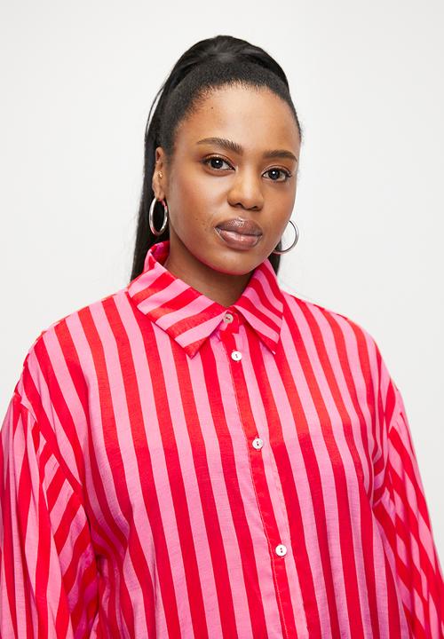 Me&B - Plus The Sheer Bellow Sleeve Shirt  - Red & pink stripe