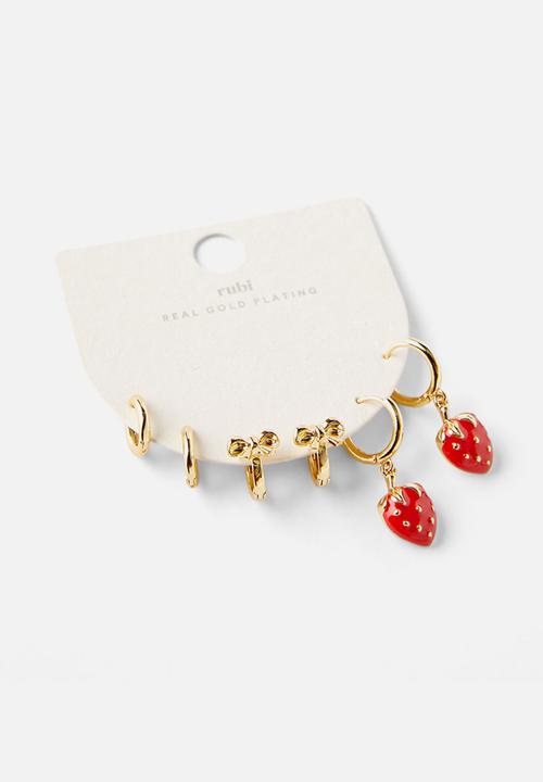 Rubi - 3pk mid earring- gold plated red enamel strawberry