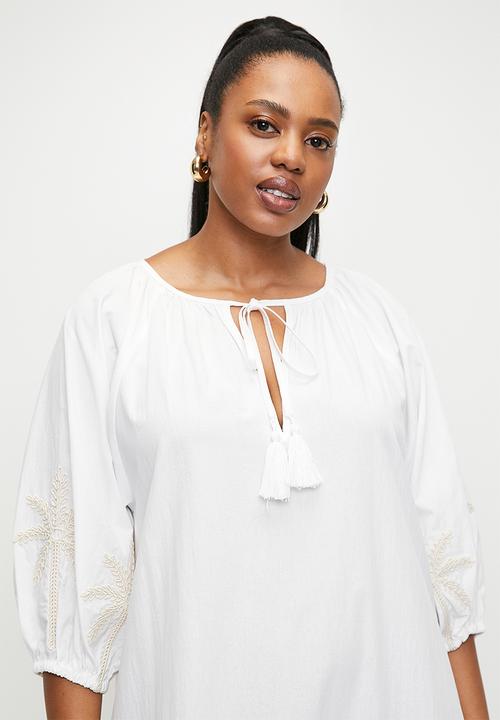edit - Puff sleeve embroidery dress - white