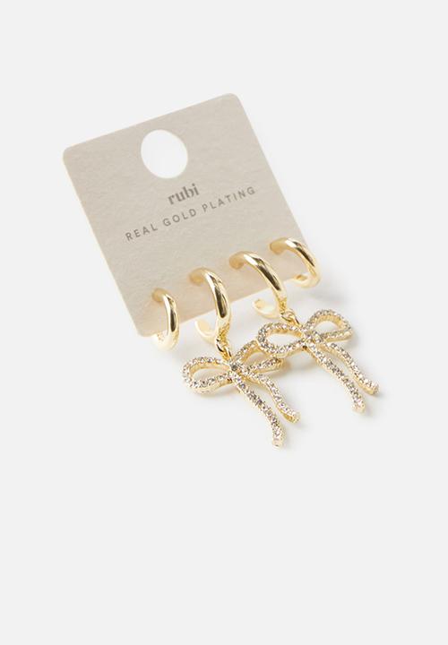 Rubi - 2pk mid earring- gold plated diamante bows