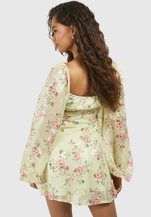 boohoo - Floral Blouson Sleeve Skater Dress - Sage