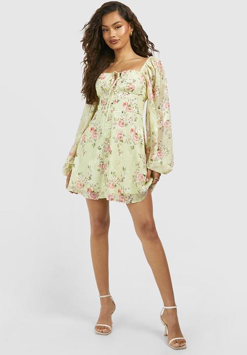 boohoo - Floral Blouson Sleeve Skater Dress - Sage