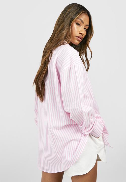 boohoo - Oversized Striped Linen Look Shirt - Pink
