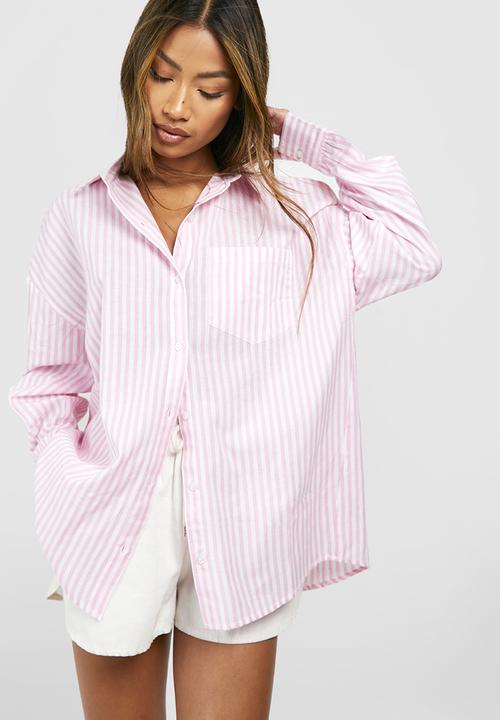 boohoo - Oversized Striped Linen Look Shirt - Pink