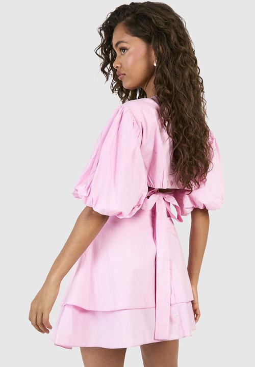 boohoo - Textured Puff Sleeve Mini Dress - Pink