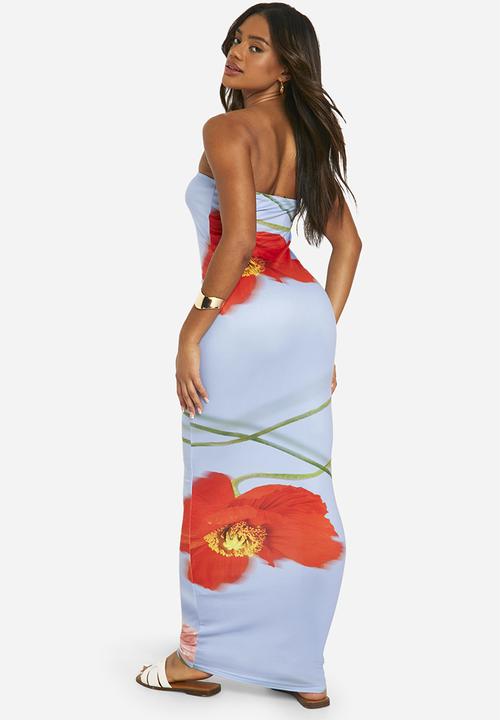 boohoo - Super Soft Bandeau Floral Maxi Dress - Blue