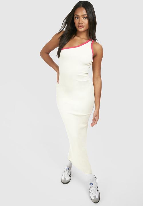 boohoo - Premium Contrast Rib One Shoulder Midaxi Dress - Cream