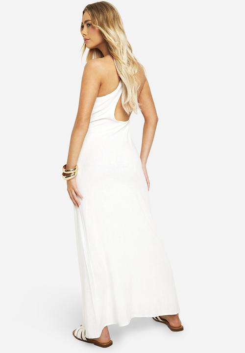 strapless open back dress Zora One Shoulder Pleated Midi Dress