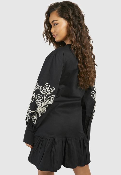 boohoo - Embroidered Poplin Mini Dress - Black