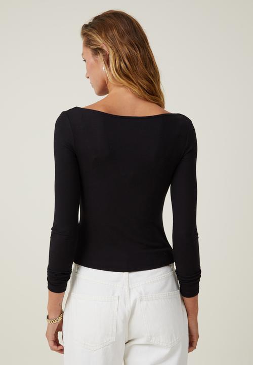 Cotton On - Staple Rib Boat Neck Long Sleeve Top - Black