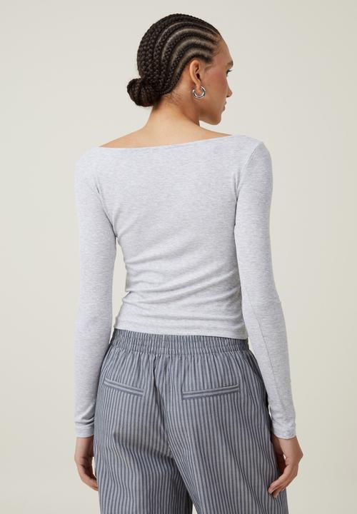 Cotton On - Staple Rib Boat Neck Long Sleeve Top - Grey Marle