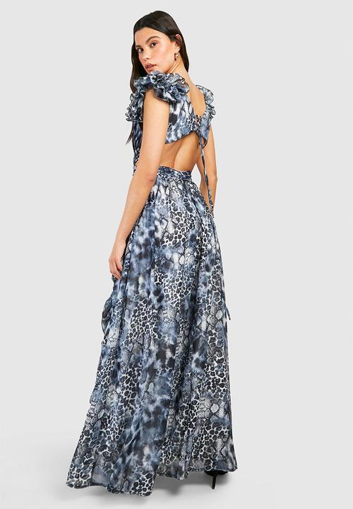 boohoo - Leopard ruffle cut out maxi dress - blue