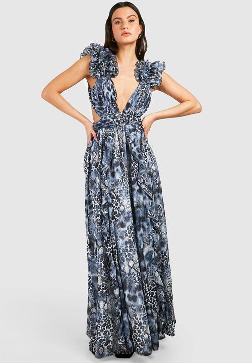 boohoo - Leopard ruffle cut out maxi dress - blue