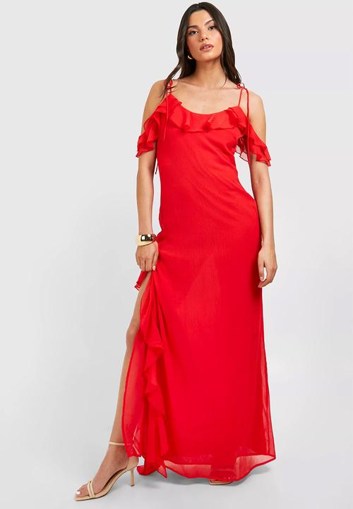 Chiffon ruffle split maxi dress - red