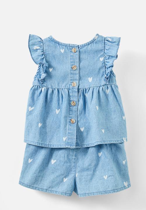 Cotton On - Bessy flutter sleeve top and short set - light chambray wash/ditsy hearts