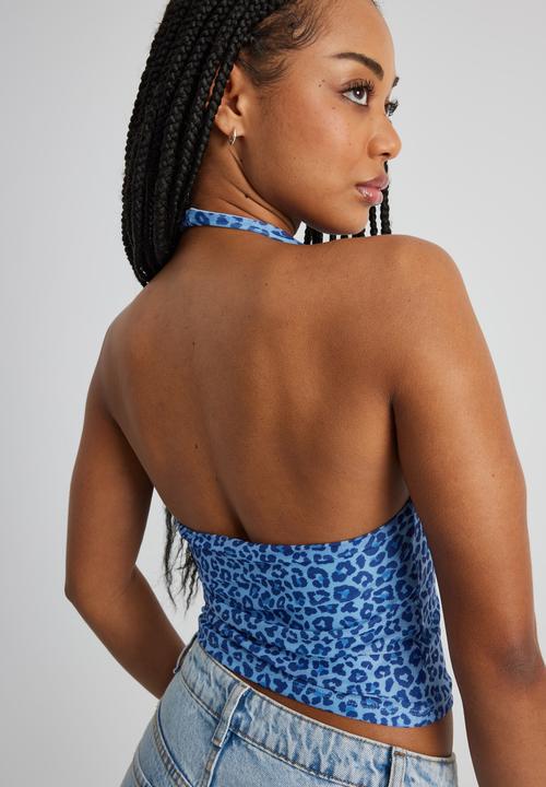 Factorie - Kelly Mesh Cowl Neck Halter - Blue Leopard