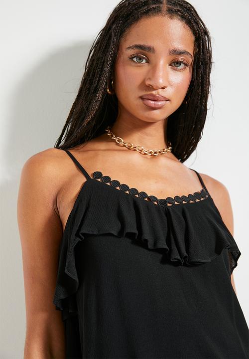 Superbalist - Soft ruffle crinkle cami with trim - black