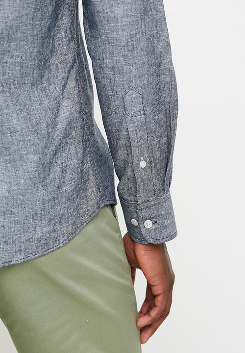 POLO - Lex Long Sleeve Plain Linen Shirt - Navy