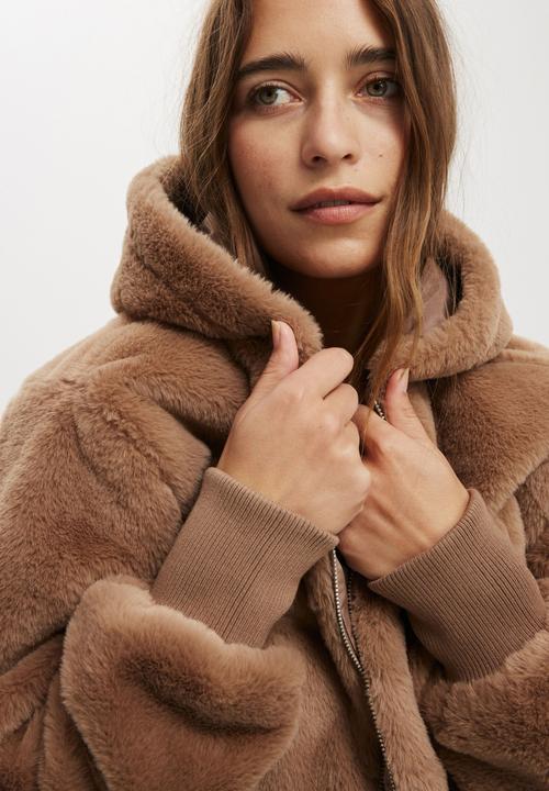 Cotton On - Teddy Hooded Jacket - Mocha