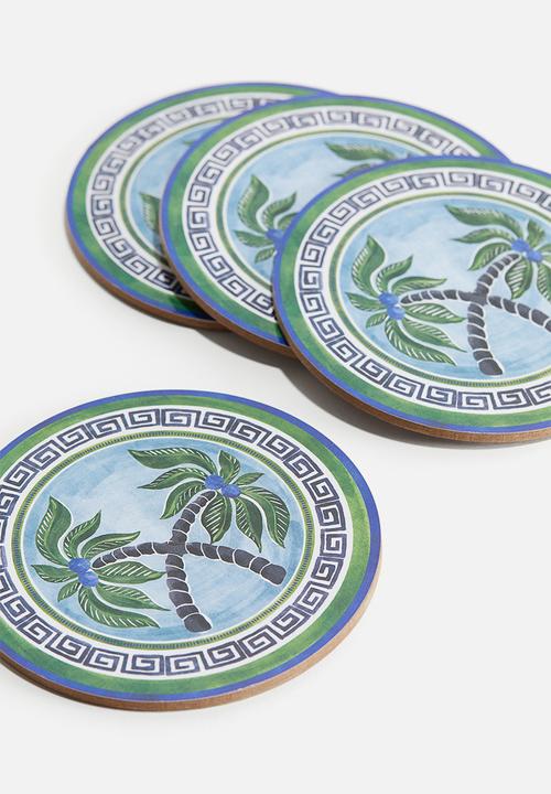 H&M - 4 pack graphic-print coasters - bright blue palm trees