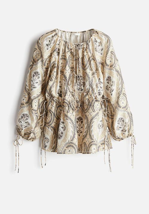 H&M - Drawstring-detail blouse - beige & patterned